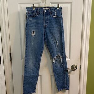 Levis Wedgie Jeans Size 26 Blue Medium Wash Distressed Button Fly Premium BIG E